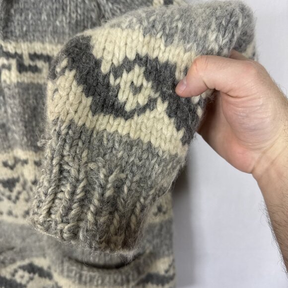 Vintage Cowichan Sweater Women M Hand Knit Wool Zip Cardigan Gray Cream Pattern - Picture 2 of 5